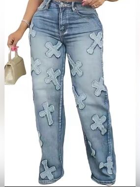 Women’s Light Blue Distressed Patchwork Jeans